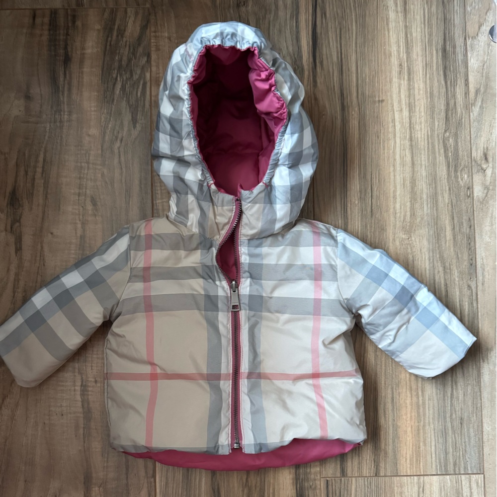 Burberry Kids Plaid Puffer Jacket - Pink and Gray Reversible